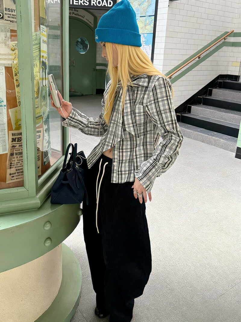 NURO Color Block Plaid Shirt, Belted Wrap Blouse with Bow Detail, Slim Fit Long Sleeve Streetwear Top