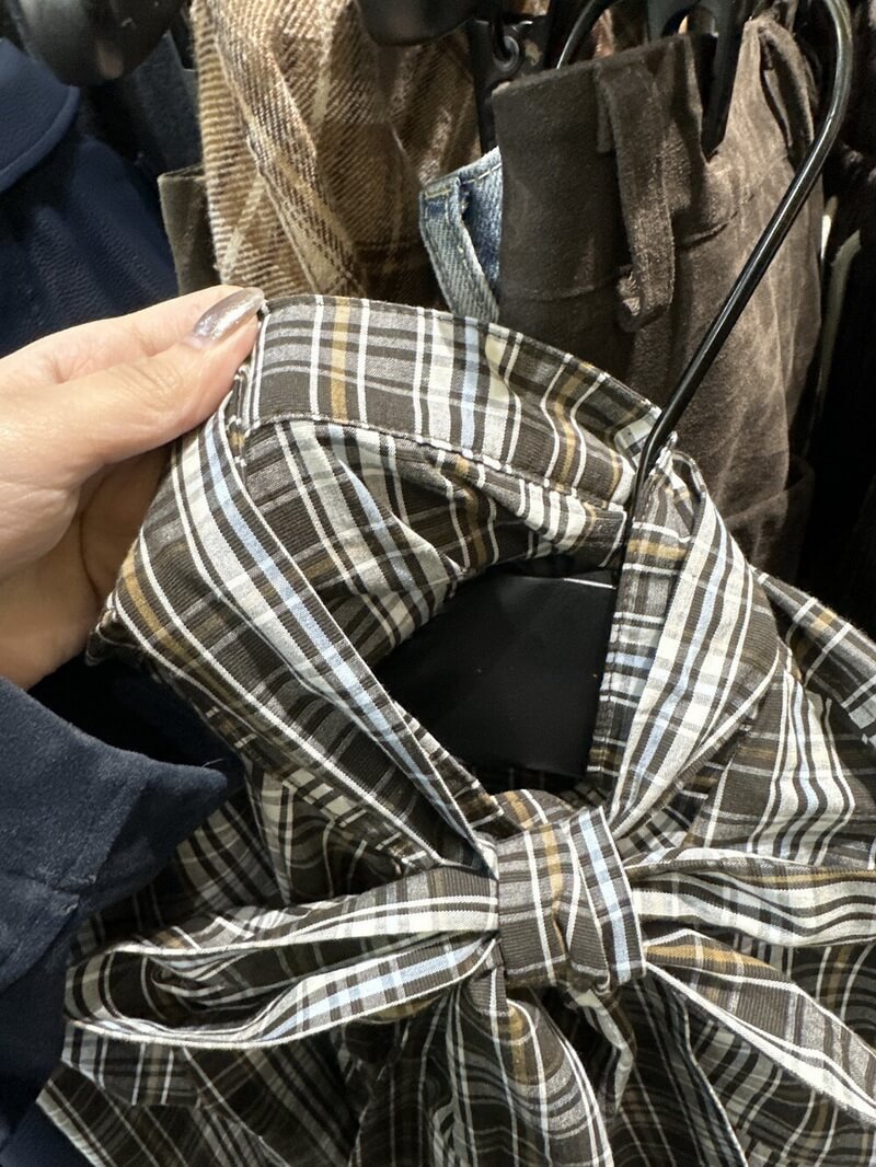 NURO Color Block Plaid Shirt, Belted Wrap Blouse with Bow Detail, Slim Fit Long Sleeve Streetwear Top