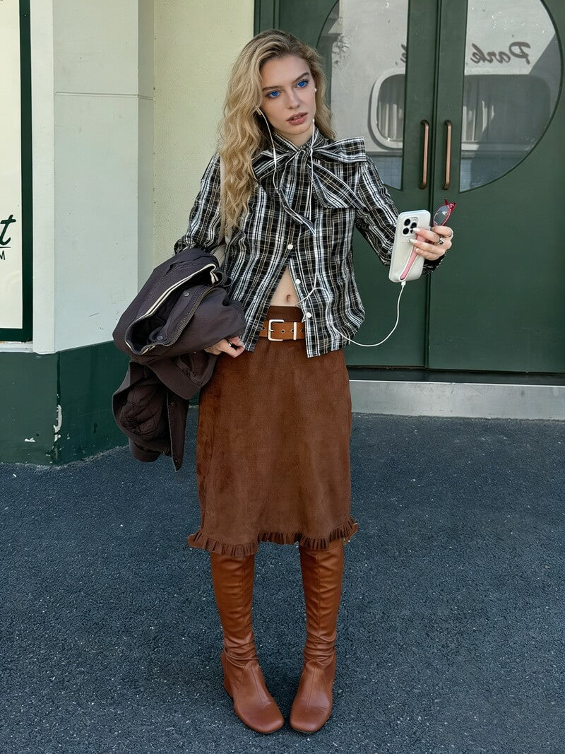 NURO Color Block Plaid Shirt, Belted Wrap Blouse with Bow Detail, Slim Fit Long Sleeve Streetwear Top