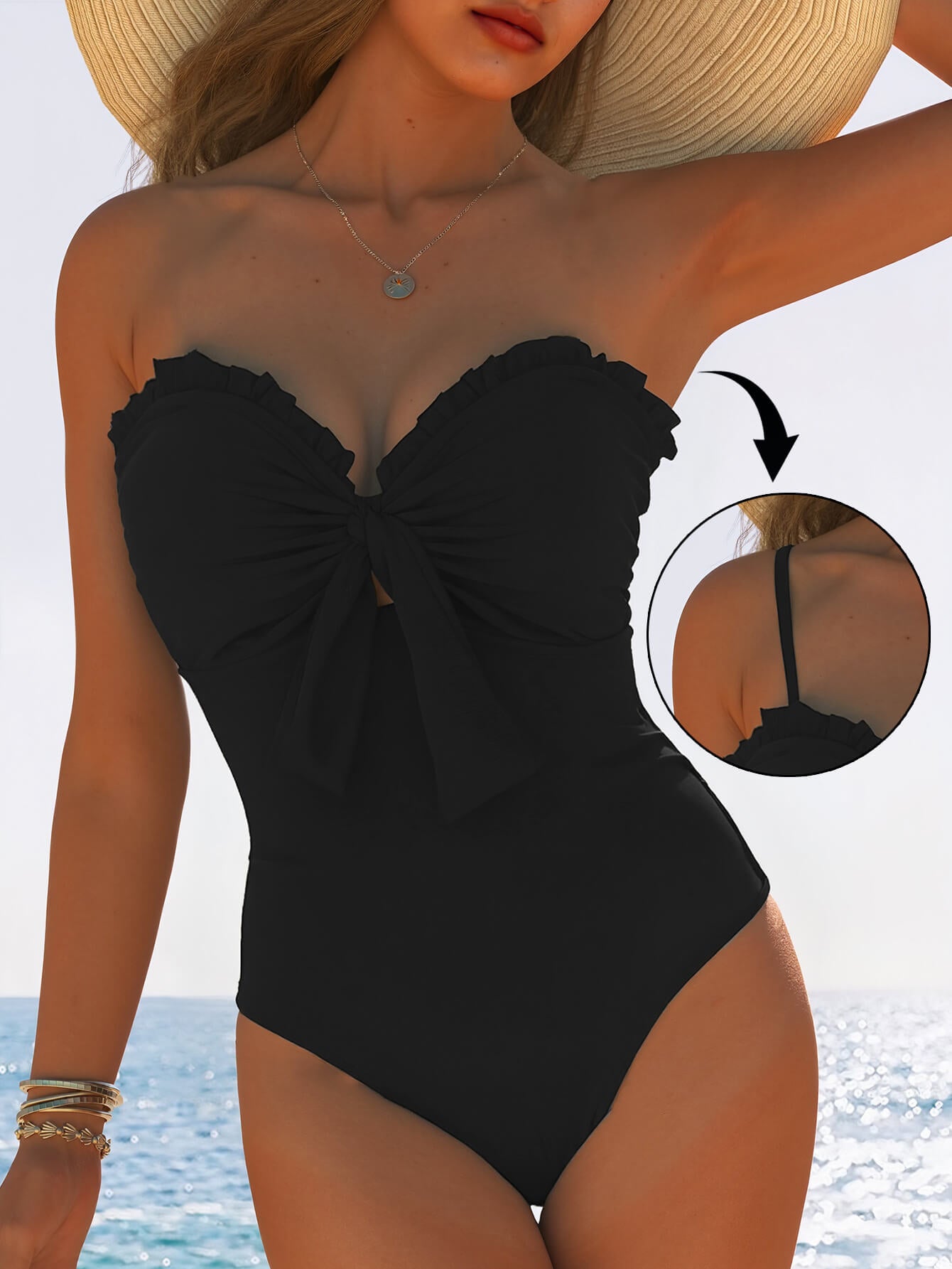 NURO Conservative one-piece swimsuit with earrings bandeau and bow