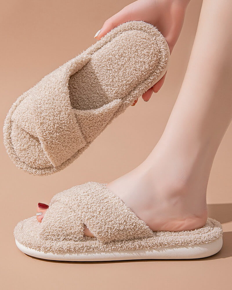 NURO Crisscross Strap Plush Slide Slippers for Women