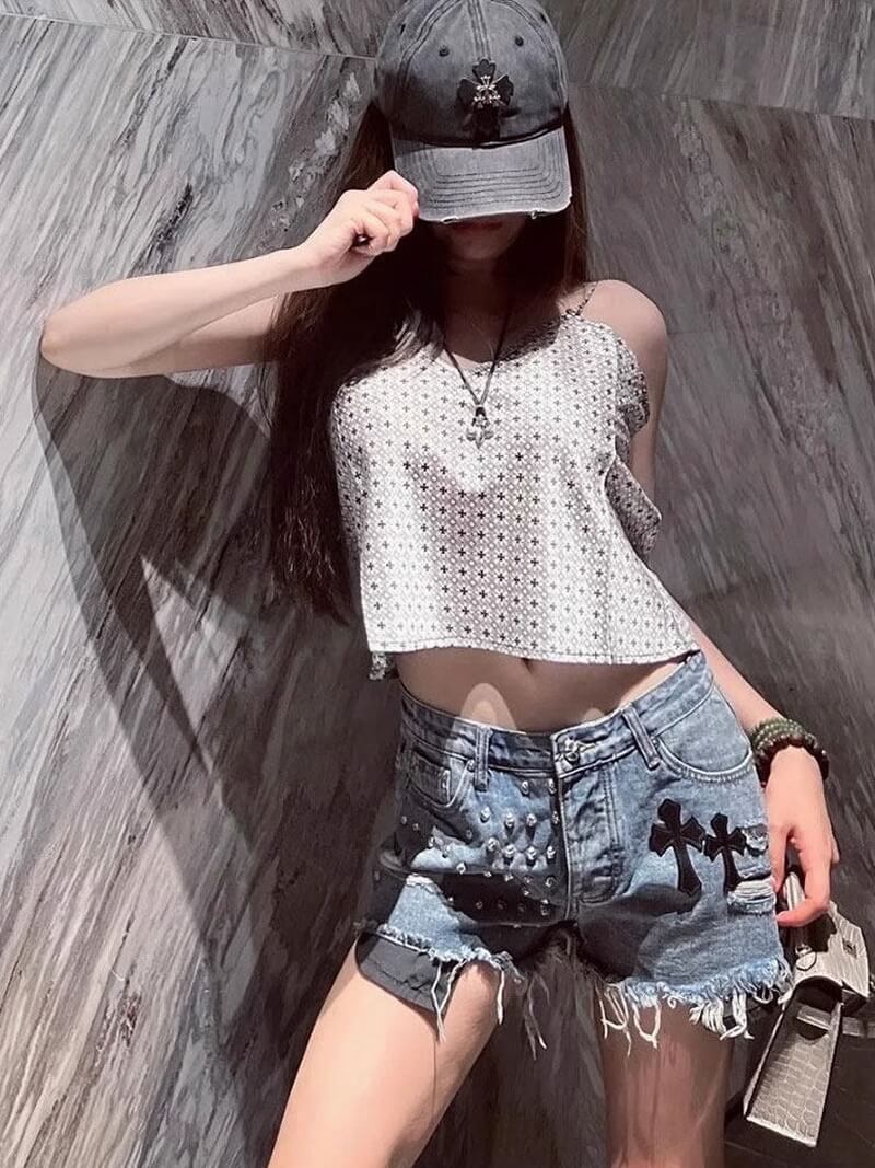 NURO Cross Detail Low-Rise Denim Shorts