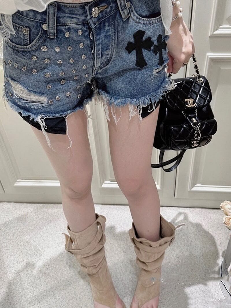 NURO Cross Detail Low-Rise Denim Shorts