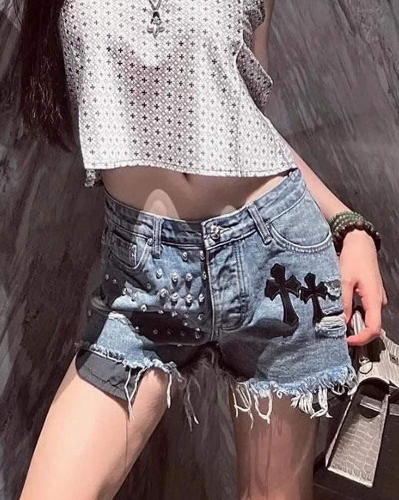 NURO Cross Detail Low-Rise Denim Shorts