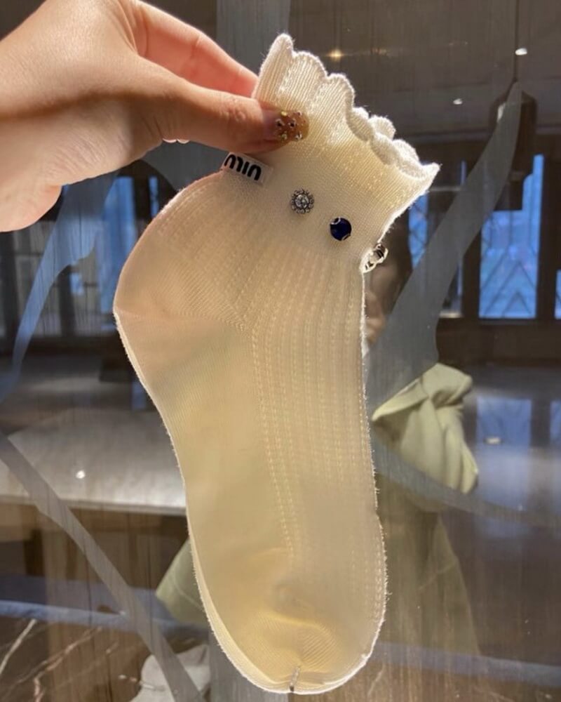 NURO Crystal Embellished Ankle Socks with "MM" Monogram for Women