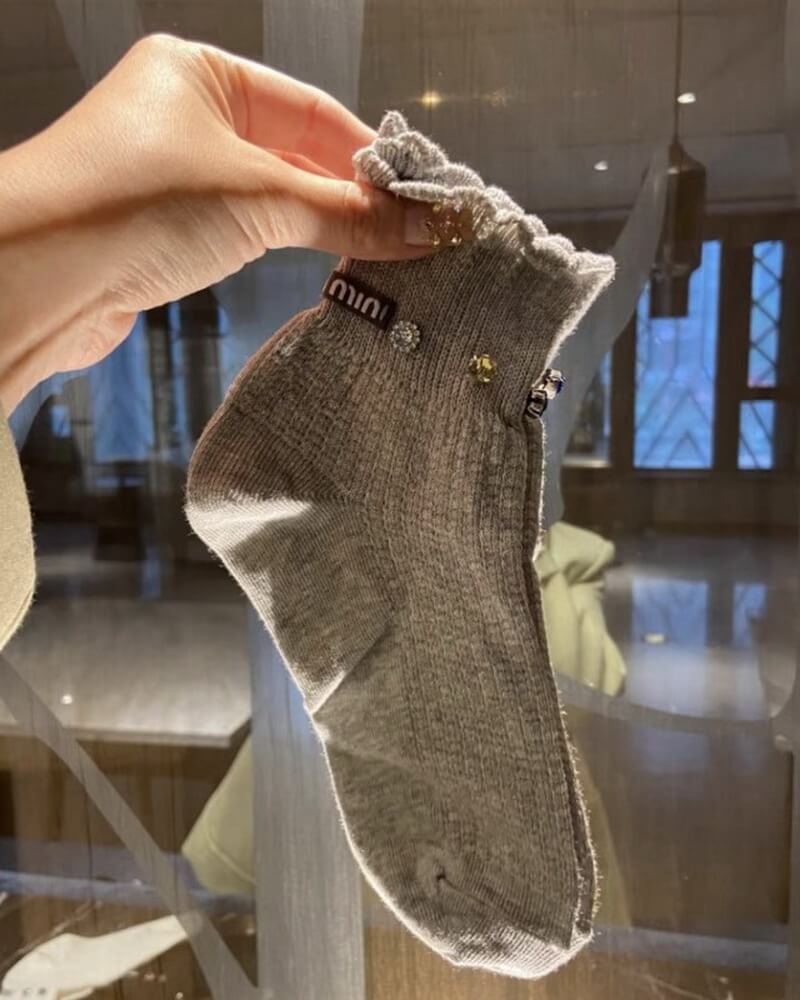 NURO Crystal Embellished Ankle Socks with "MM" Monogram for Women