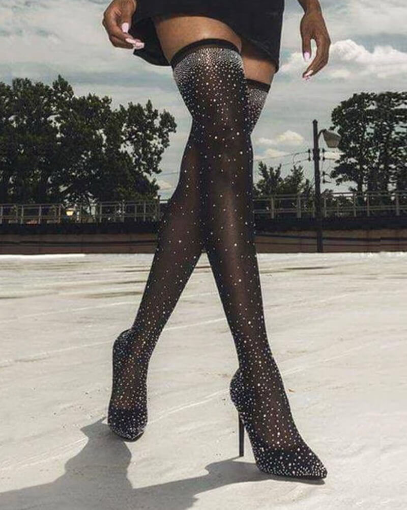 NURO Crystal Embellished Pointed Toe Stiletto Over The Knee Boots for Women
