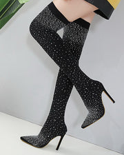 NURO Crystal Embellished Pointed Toe Stiletto Over The Knee Boots for Women