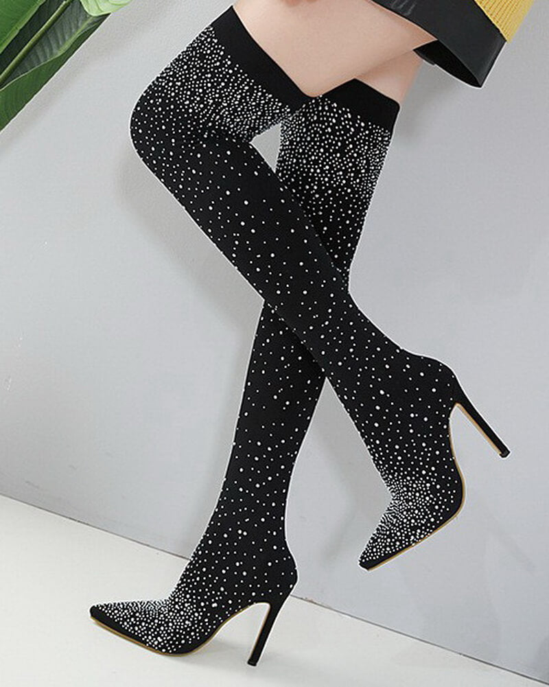NURO Crystal Embellished Pointed Toe Stiletto Over The Knee Boots for Women