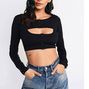 NURO Cut Out Long Sleeve Crop Top Low Neck Going Out Blouse
