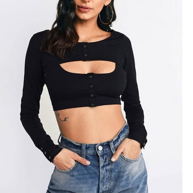 NURO Cut Out Long Sleeve Crop Top Low Neck Going Out Blouse