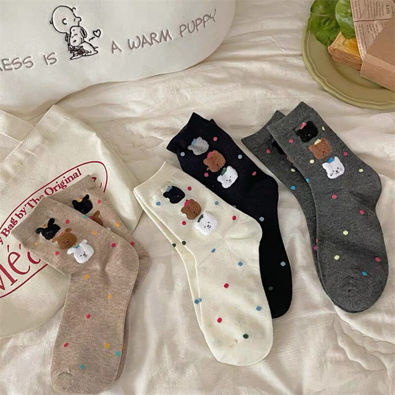 NURO Cute Bear Flocked Polka Dot Crew Socks for Women