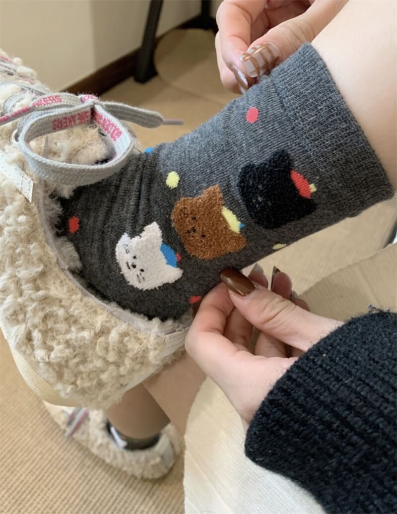NURO Cute Bear Flocked Polka Dot Crew Socks for Women