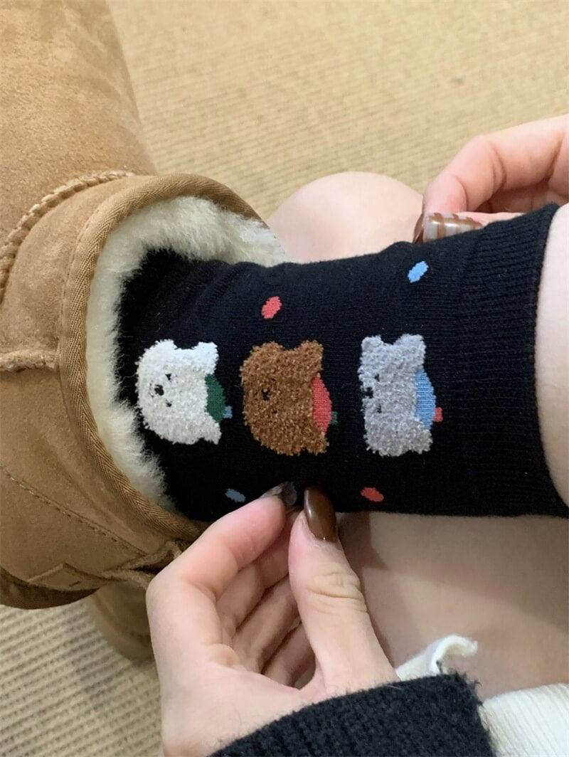 NURO Cute Bear Flocked Polka Dot Crew Socks for Women