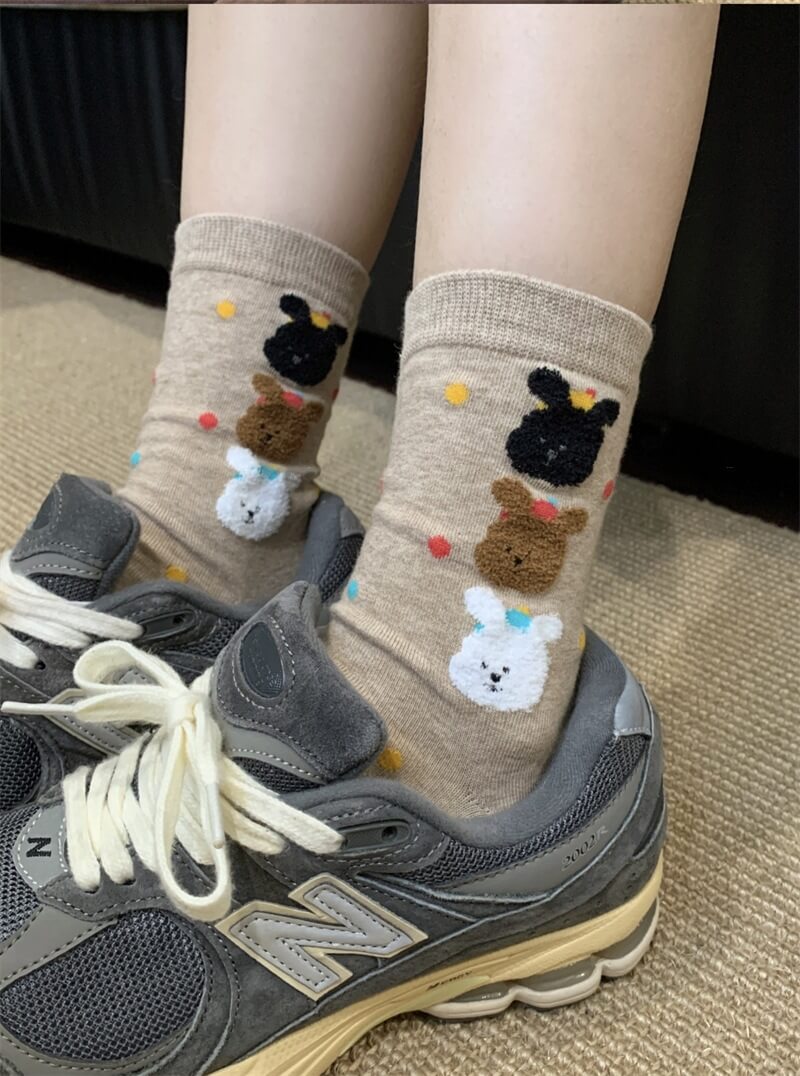 NURO Cute Bear Flocked Polka Dot Crew Socks for Women