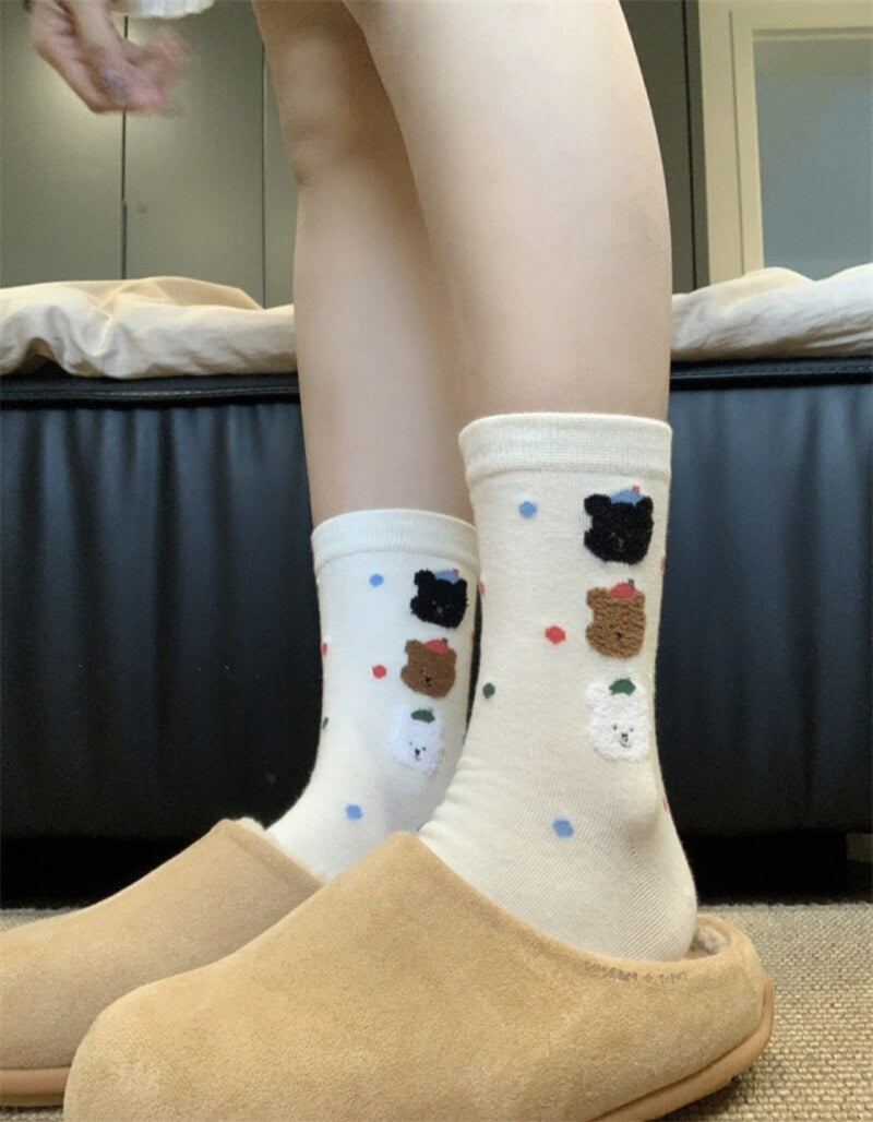 NURO Cute Bear Flocked Polka Dot Crew Socks for Women