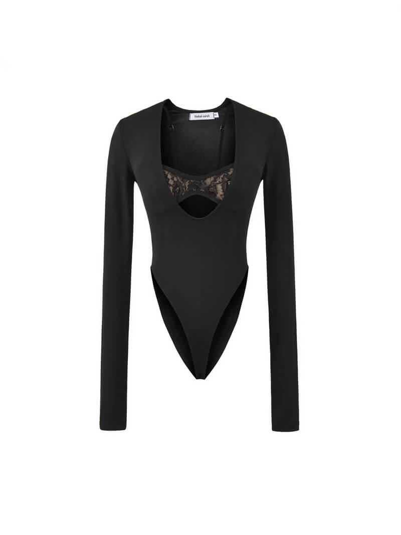 NURO Deep V-Neck Long Sleeve Bodysuit & Lace Bralette Set for Women