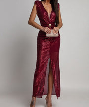 NURO Deep V-Neck Sequin Maxi Evening Dress with Long Sleeves and High Slit