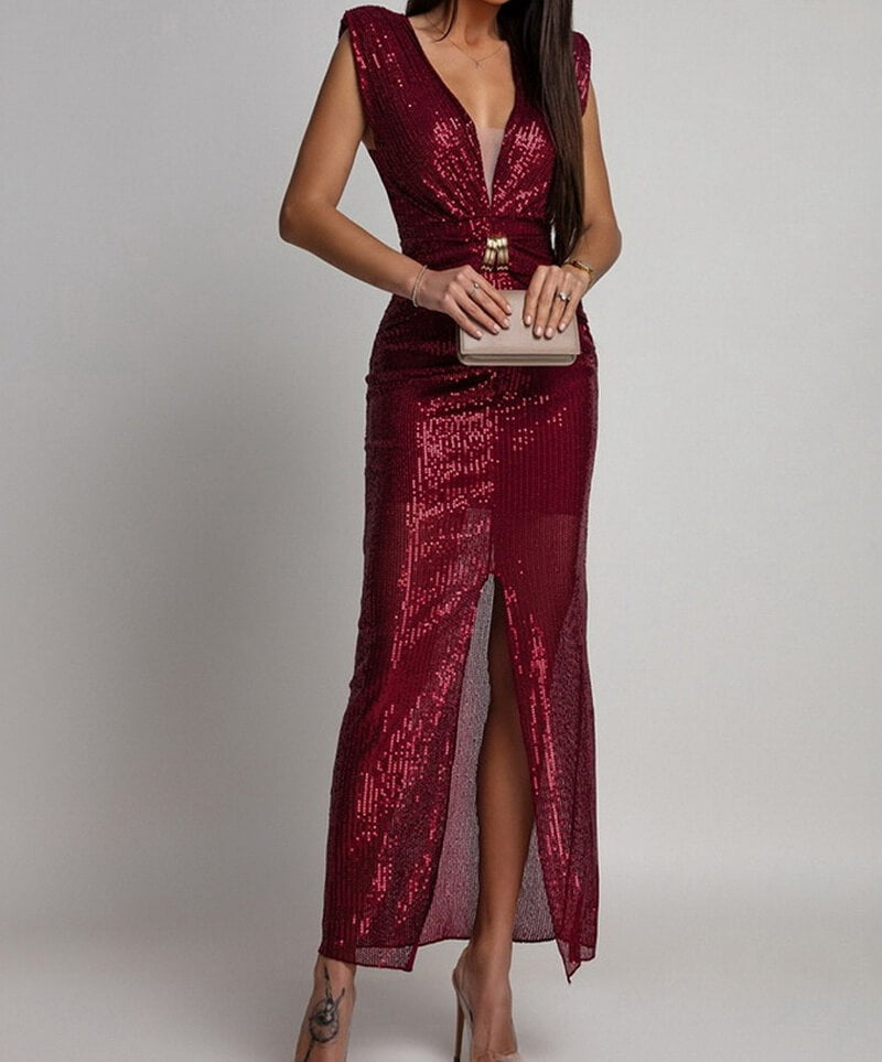 NURO Deep V-Neck Sequin Maxi Evening Dress with Long Sleeves and High Slit