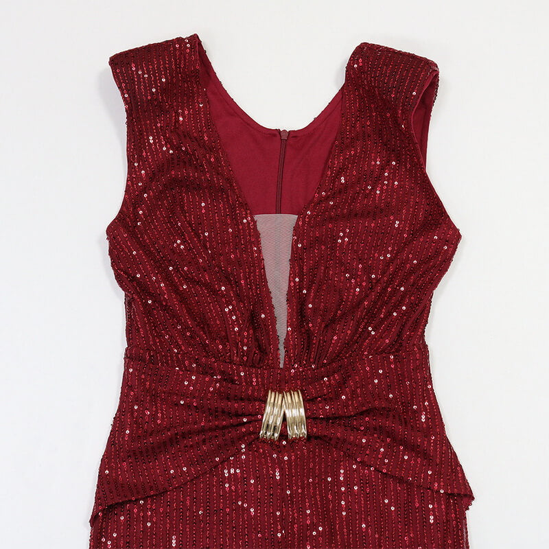 NURO Deep V-Neck Sequin Maxi Evening Dress with Long Sleeves and High Slit