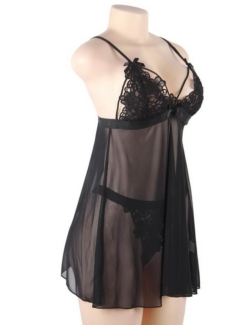 NURO Delicate Embroidered Mesh Babydoll Lingerie Set