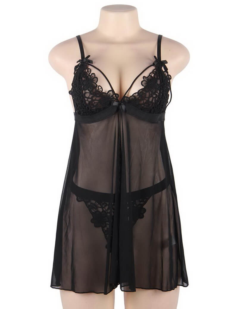 NURO Delicate Embroidered Mesh Babydoll Lingerie Set