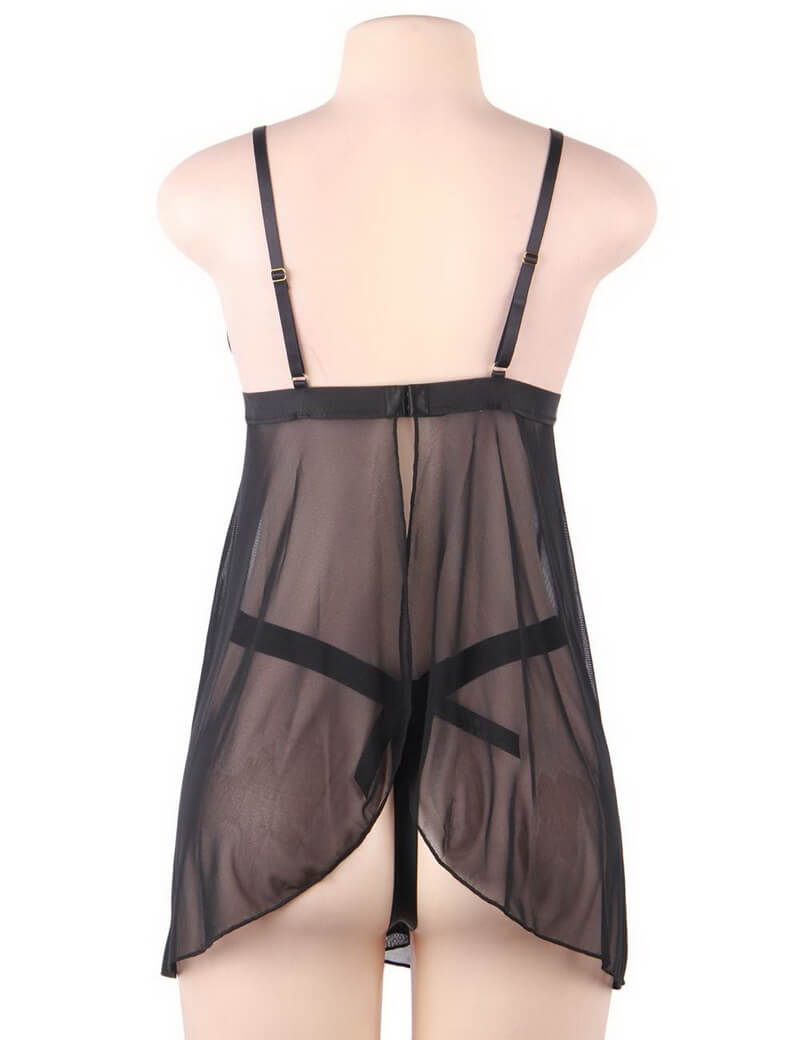 NURO Delicate Embroidered Mesh Babydoll Lingerie Set