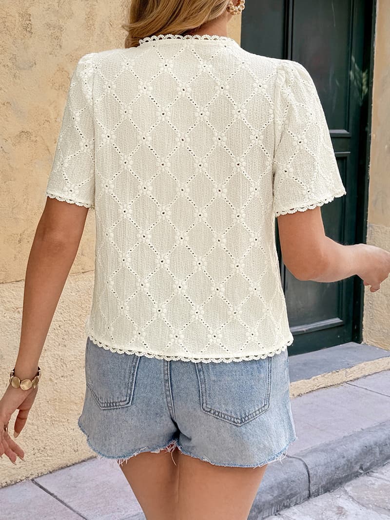 NURO Diamond Pattern Woven V-Neck Blouse Short Sleeve Button Top