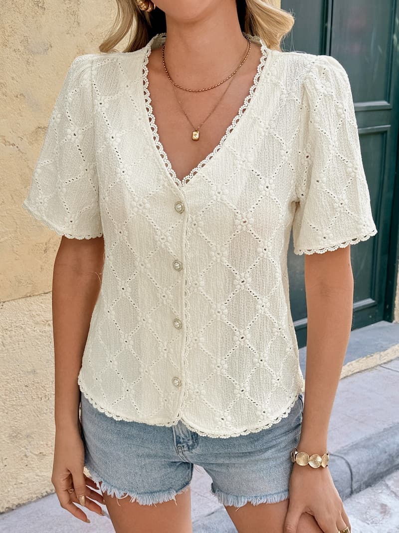 NURO Diamond Pattern Woven V-Neck Blouse Short Sleeve Button Top