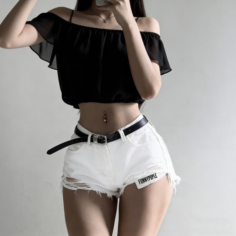 NURO Distressed High-Waist Denim Mini Skirt