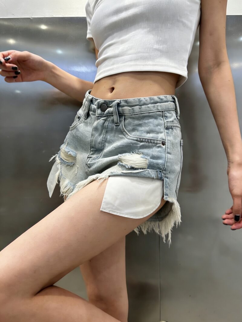 NURO Distressed Raw-Hem Wide-Leg Denim Shorts