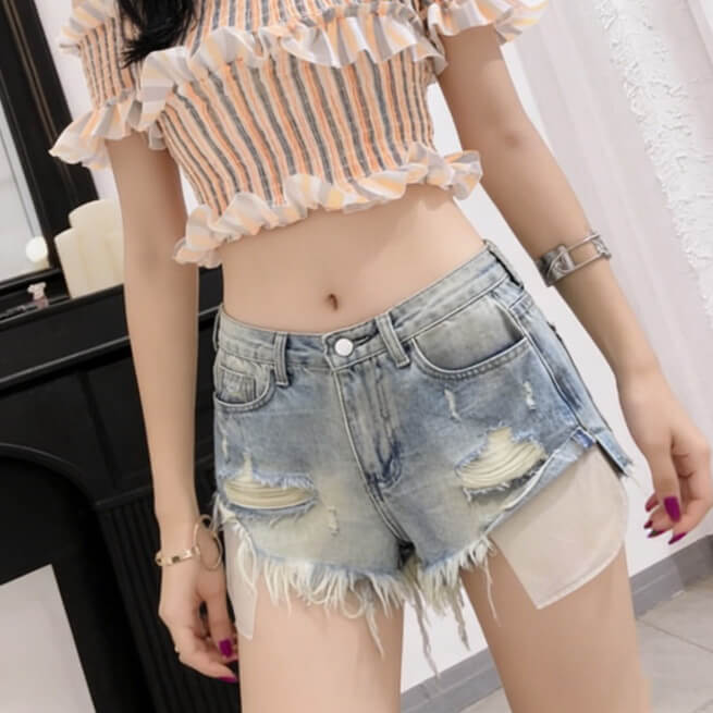 NURO Distressed Raw-Hem Wide-Leg Denim Shorts