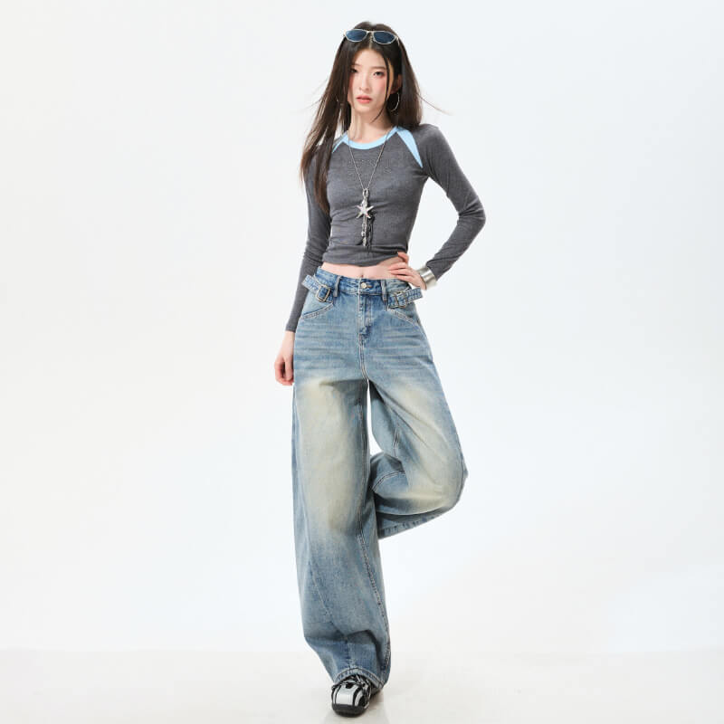 NURO Distressed Wide-Leg Curved Jeans