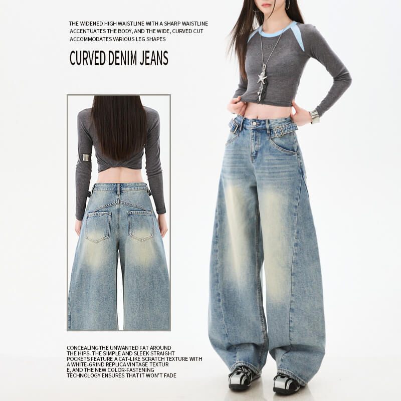 NURO Distressed Wide-Leg Curved Jeans