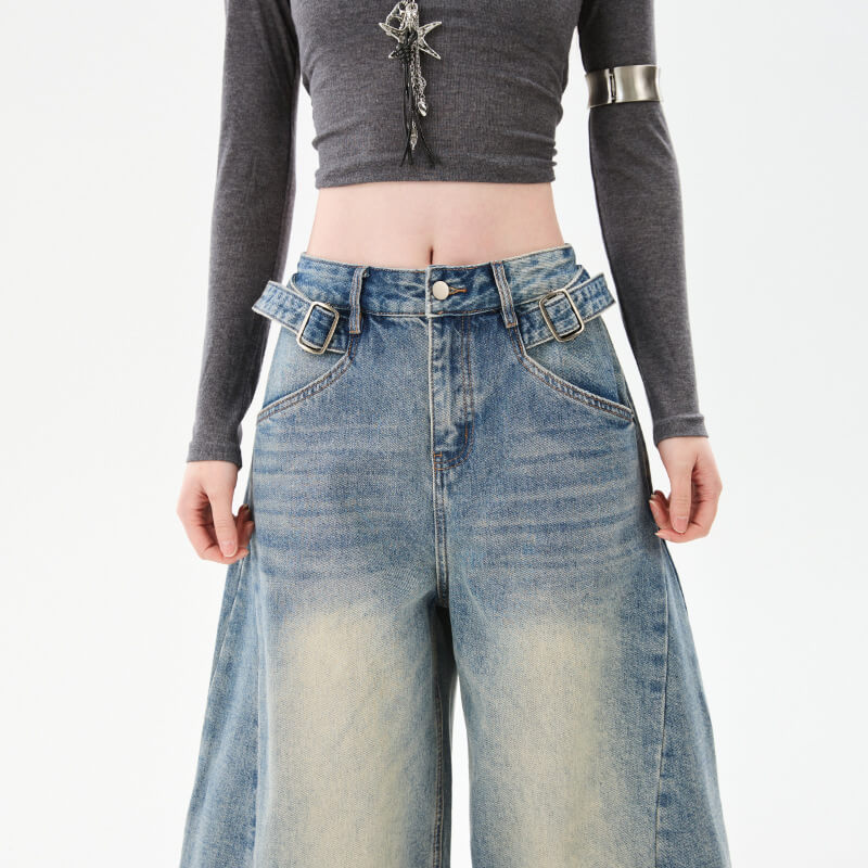NURO Distressed Wide-Leg Curved Jeans