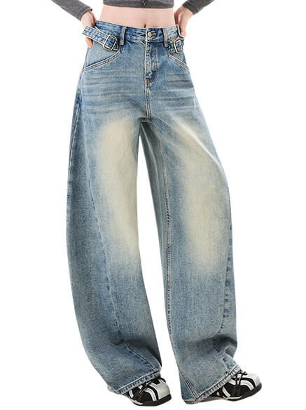 NURO Distressed Wide-Leg Curved Jeans