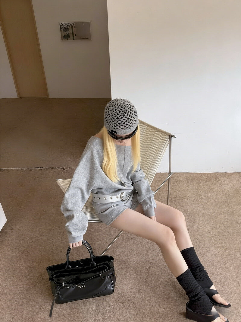 NURO Drop Shoulder Boat Neck Sweatshirt, Oversized Pullover Top with 3D Details, Relaxed Streetwear Long Sleeve Shirt