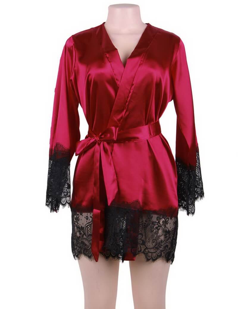 NURO Elegant Lace Trim Long Sleeve Sleepwear with Thong
