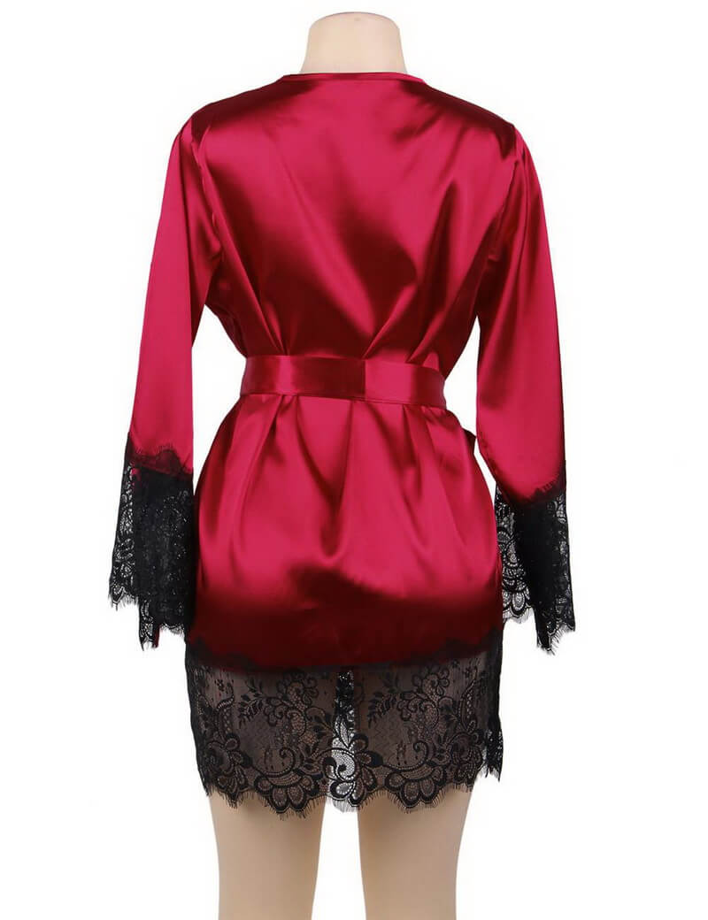NURO Elegant Lace Trim Long Sleeve Sleepwear with Thong