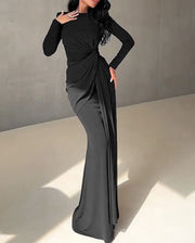 NURO Elegant Long Sleeve Pleated Maxi Evening Gown