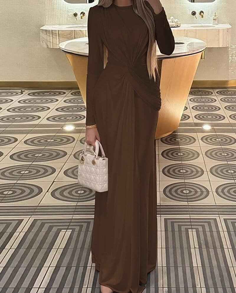 NURO Elegant Long Sleeve Pleated Maxi Evening Gown