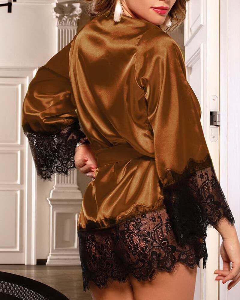 NURO Elegant Silk-like Lace Trim Long Sleeve Nightgown with Thong