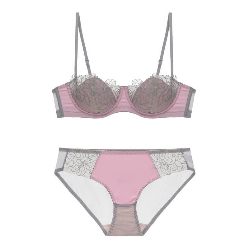 NURO Embroidered Lace Underwire Bra Set - French Style Light Support
