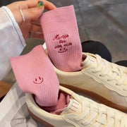 NURO Embroidered Smiley Face Casual Crew Socks for Women