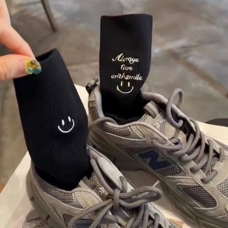 NURO Embroidered Smiley Face Casual Crew Socks for Women