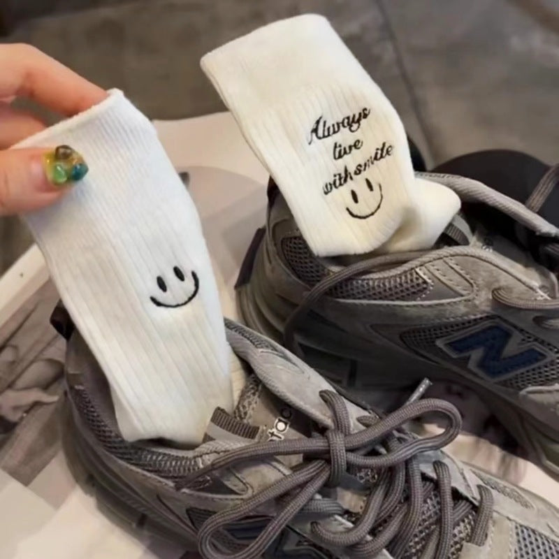 NURO Embroidered Smiley Face Casual Crew Socks for Women