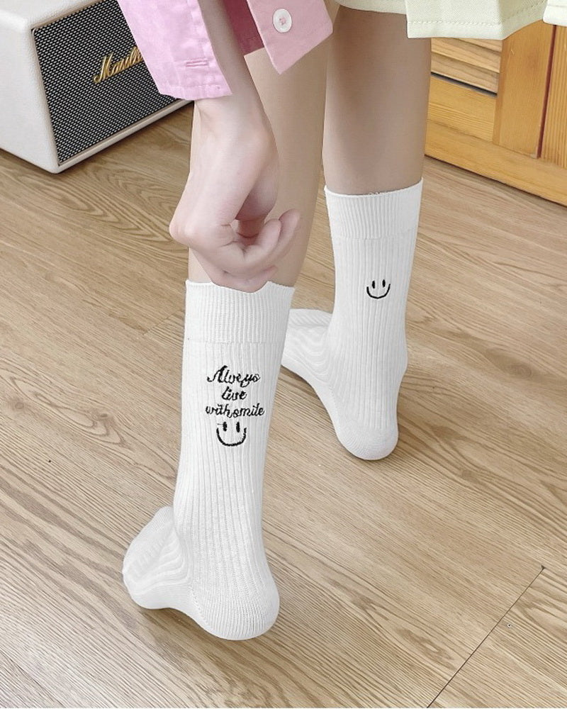 NURO Embroidered Smiley Face Casual Crew Socks for Women