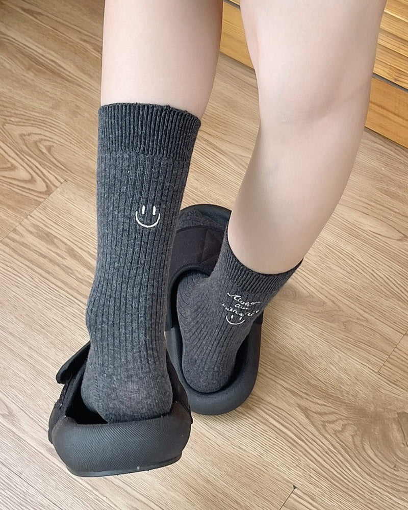 NURO Embroidered Smiley Face Casual Crew Socks for Women