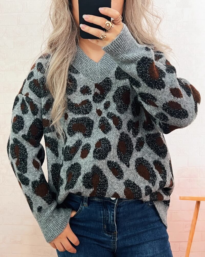 NURO Fashion Loose Leopard Print Sweater Women's Casual Knit Top