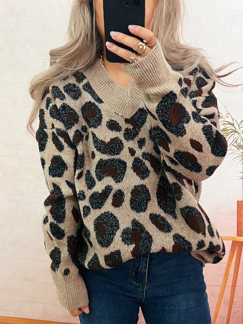 NURO Fashion Loose Leopard Print Sweater Women's Casual Knit Top